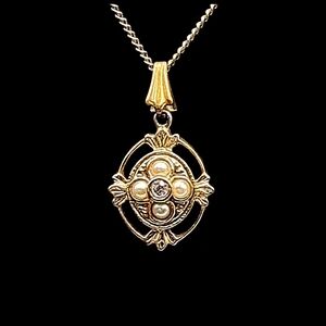 .Elegant Gold Pendant with Tiny Faux Pearls and Gold Tone Necklace